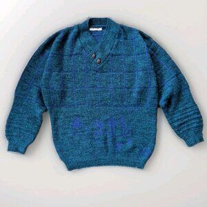 Vintage 90s Bonda Wool Sweater Mens L Buttoned V‑Neck Airplane Knit Graphic EU